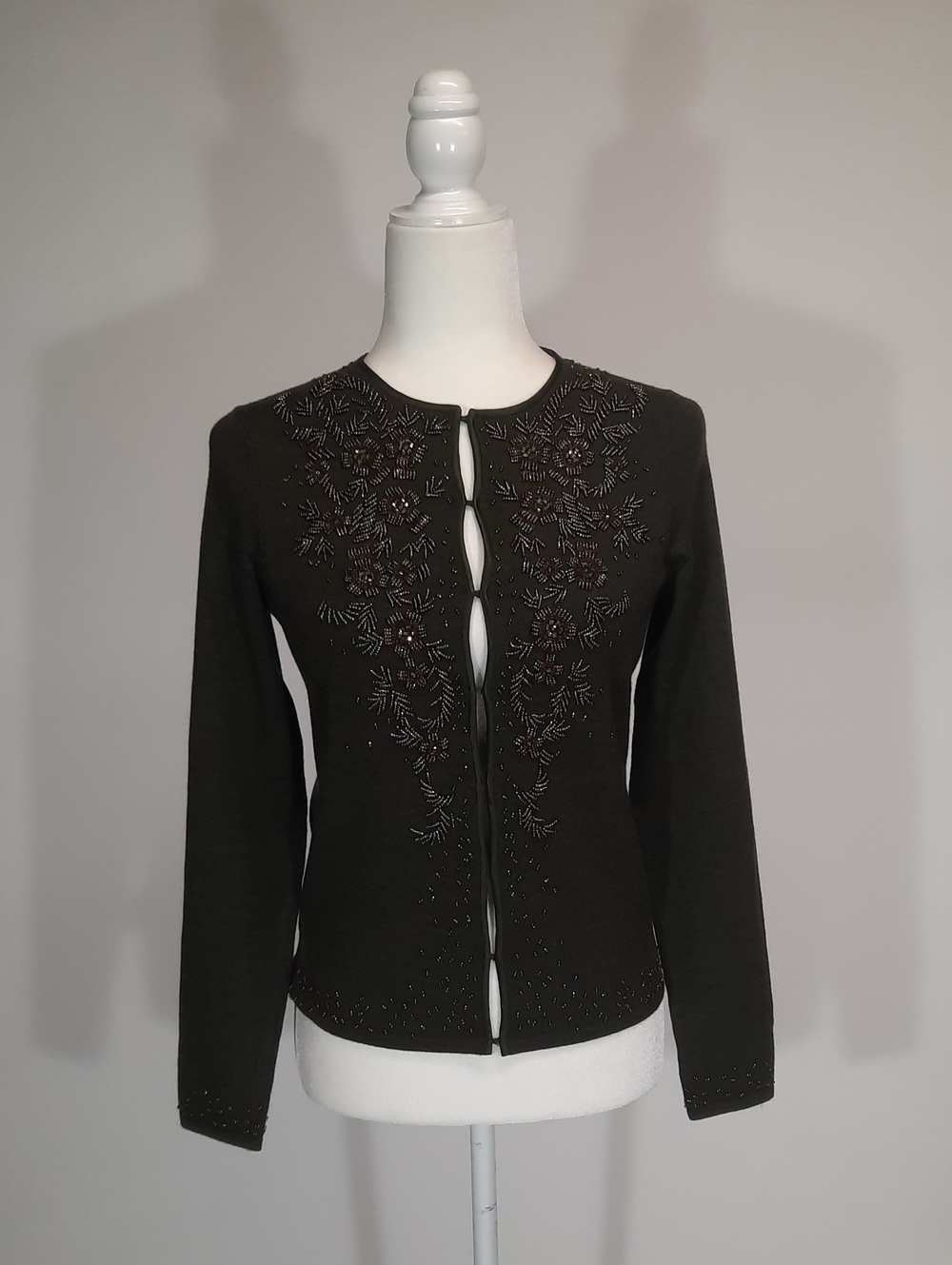 Ann Taylor Forest Green Beaded Knit Cardigan, Size XS